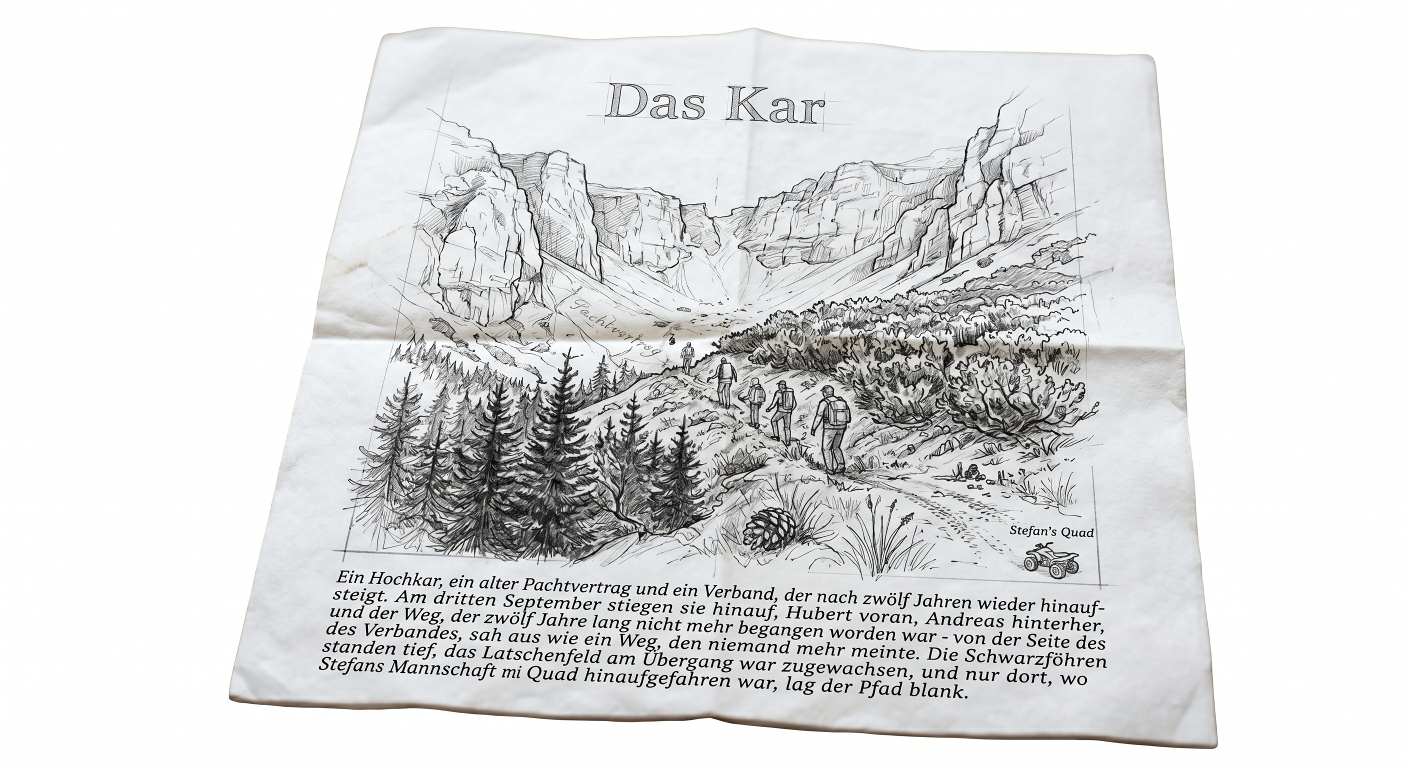 Illustration zu Das Kar mit Hochgebirgskessel, Pfad und Wandernden auf Papier