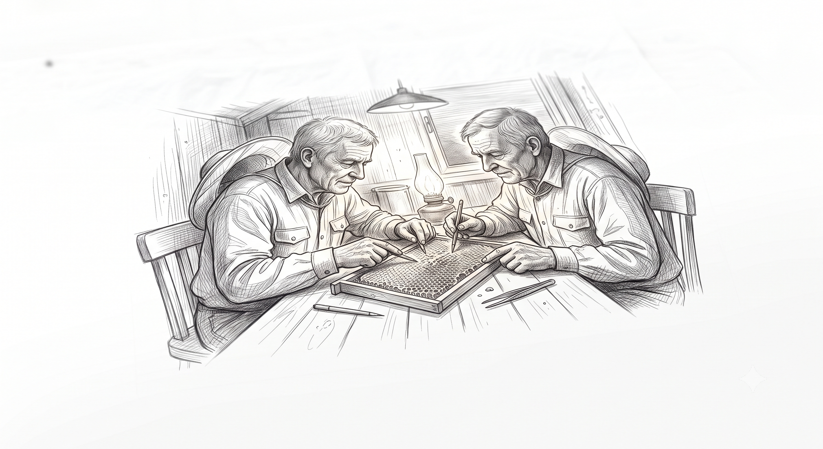 Illustration zu Der Presssaft mit einer alten hölzernen Honigpresse und dunklen Gläsern gegen das Abendlicht