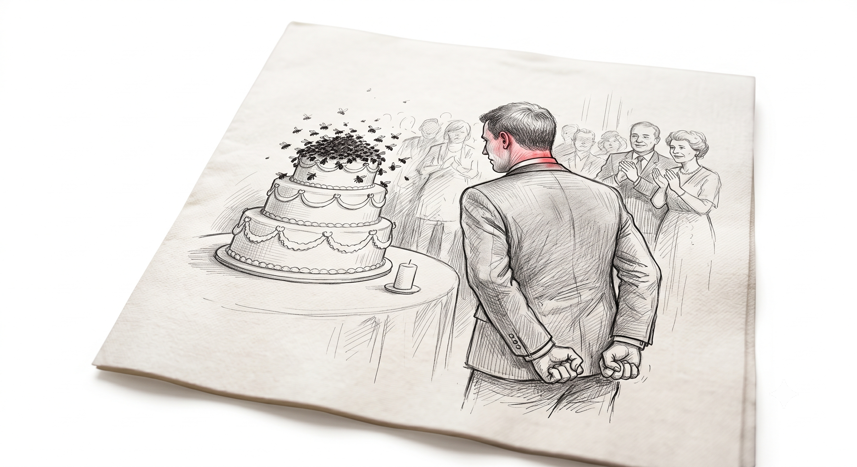 Illustration zu Der Schwarm auf der Hochzeit mit Bienenschwarm über einer Hochzeitstorte im Gastgarten