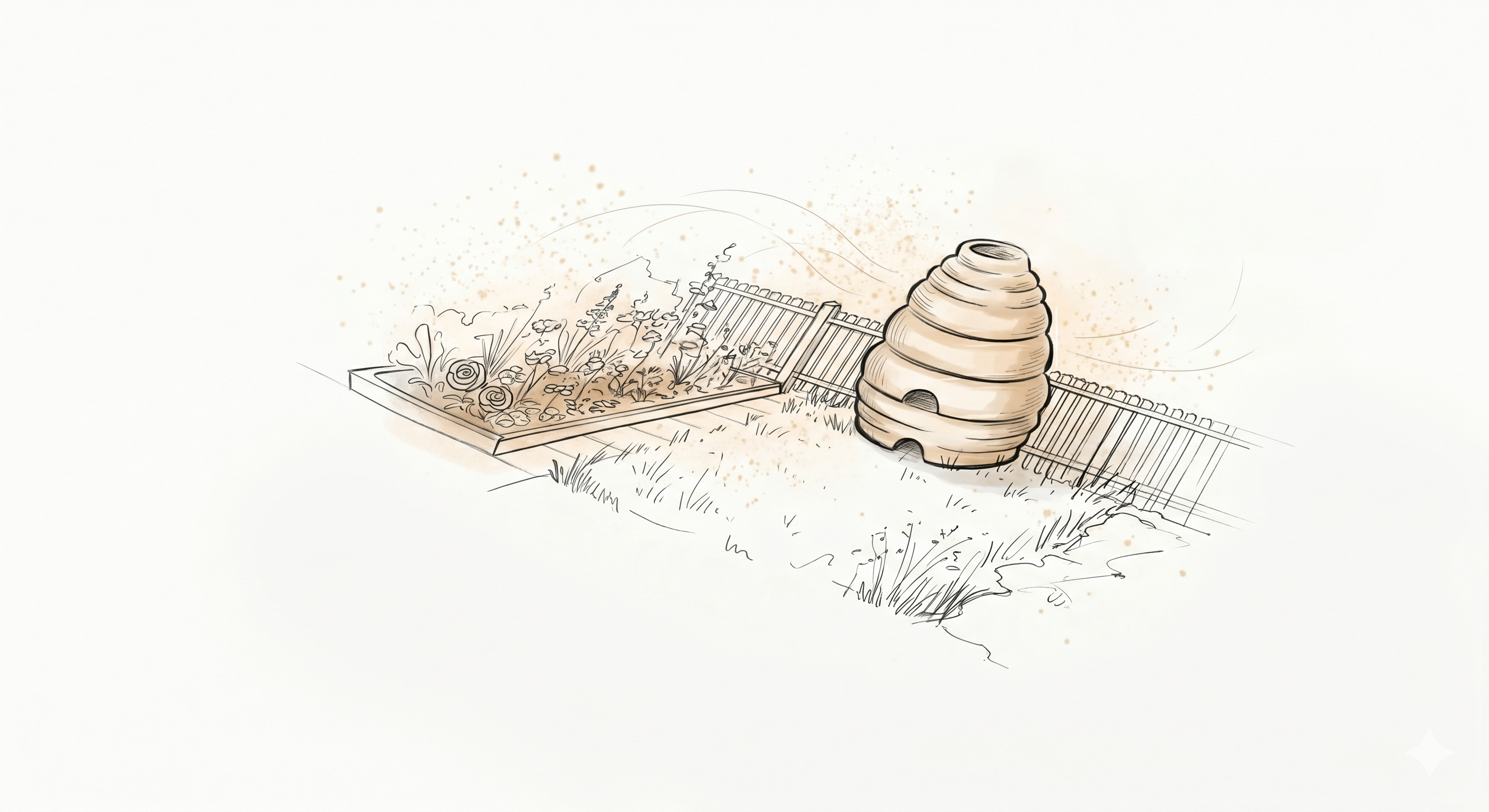 Illustration zu Der Zaun mit Garten, Bienenhaus und blühenden Pflanzen