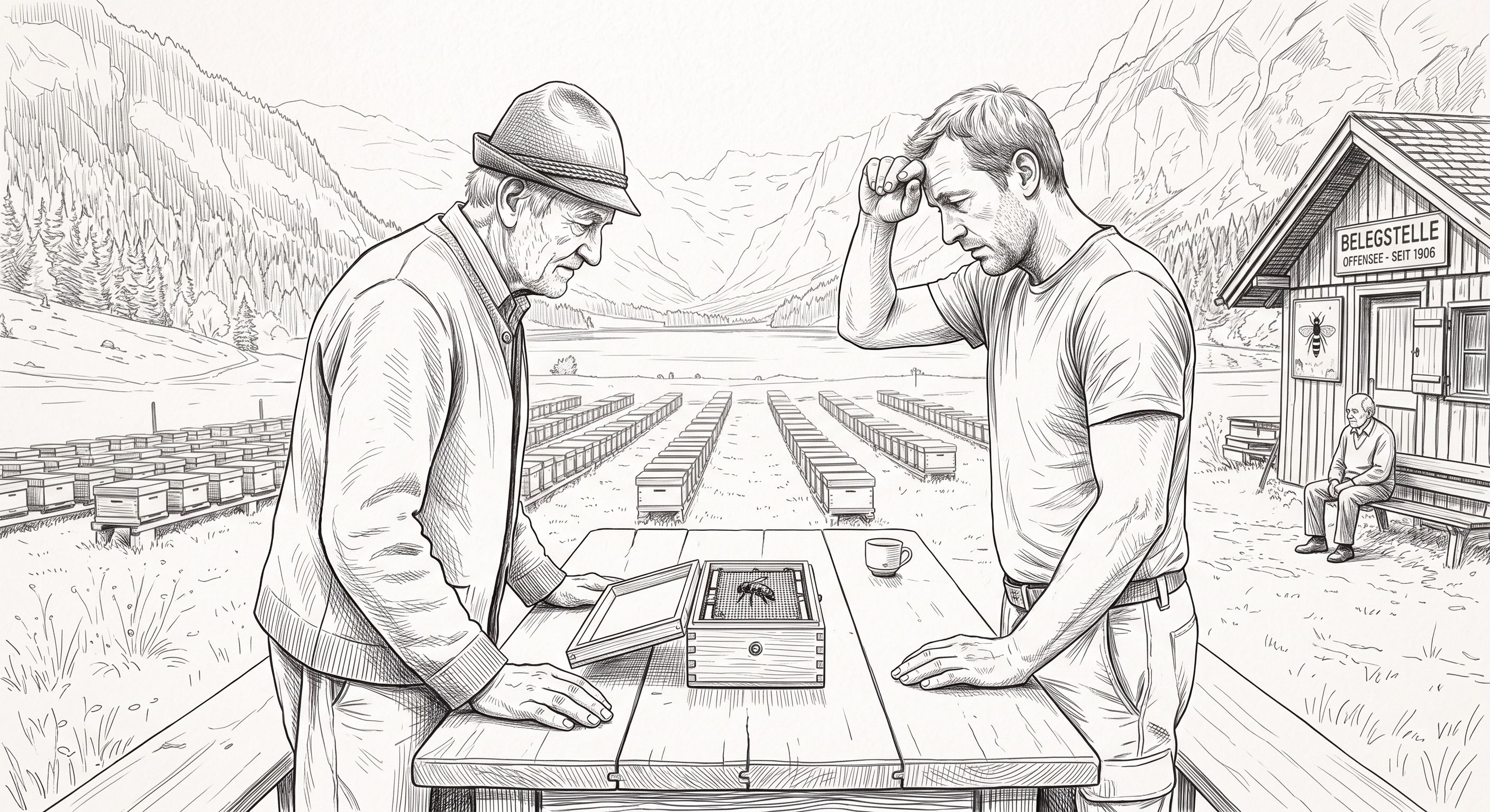 Illustration zur Auffahrt auf die Belegstelle am Offensee mit zwei Imkern und einem Begattungskästchen