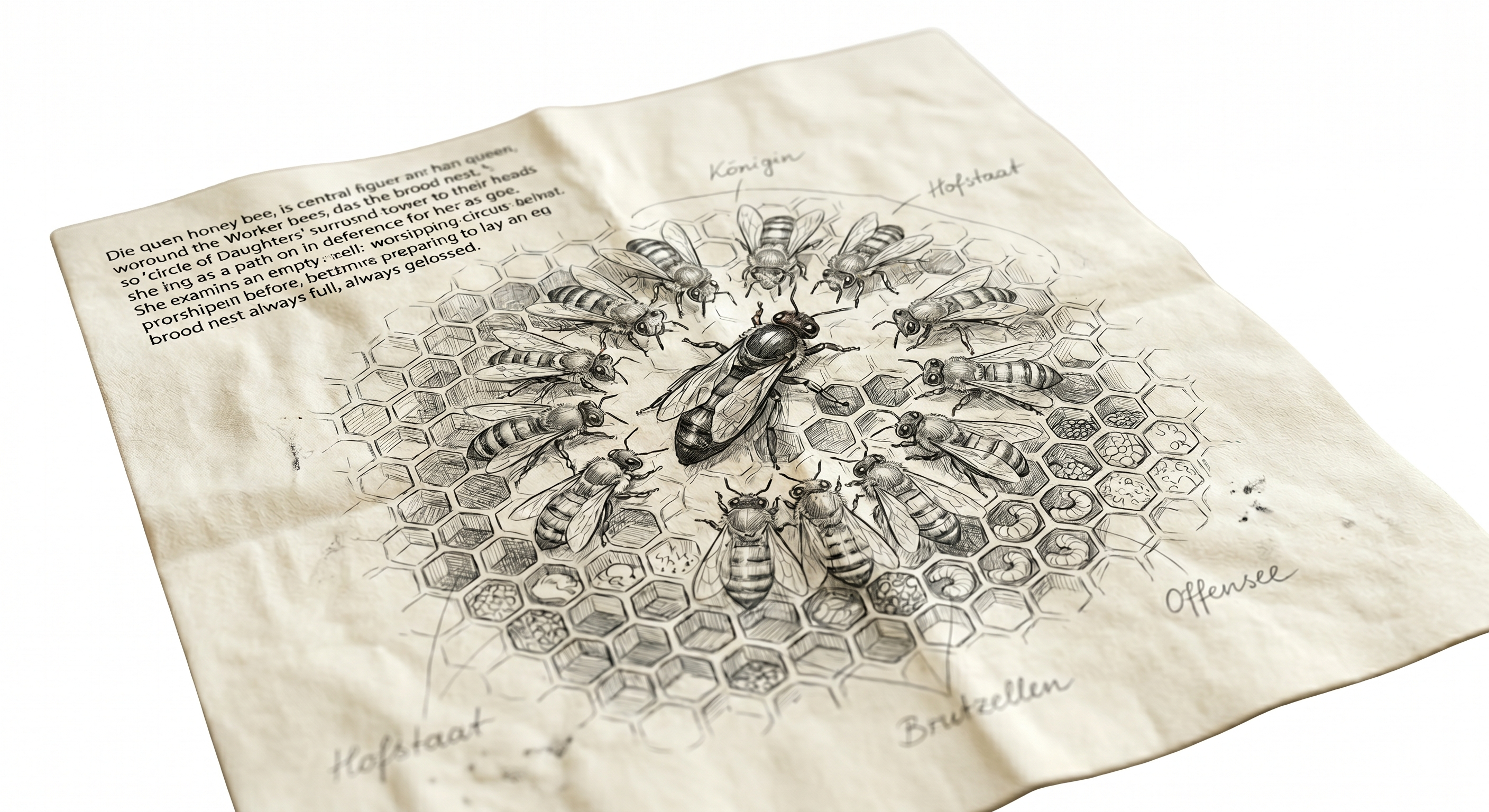 Illustration zu Die Stolze mit Königin und Bienen auf einer Wabe