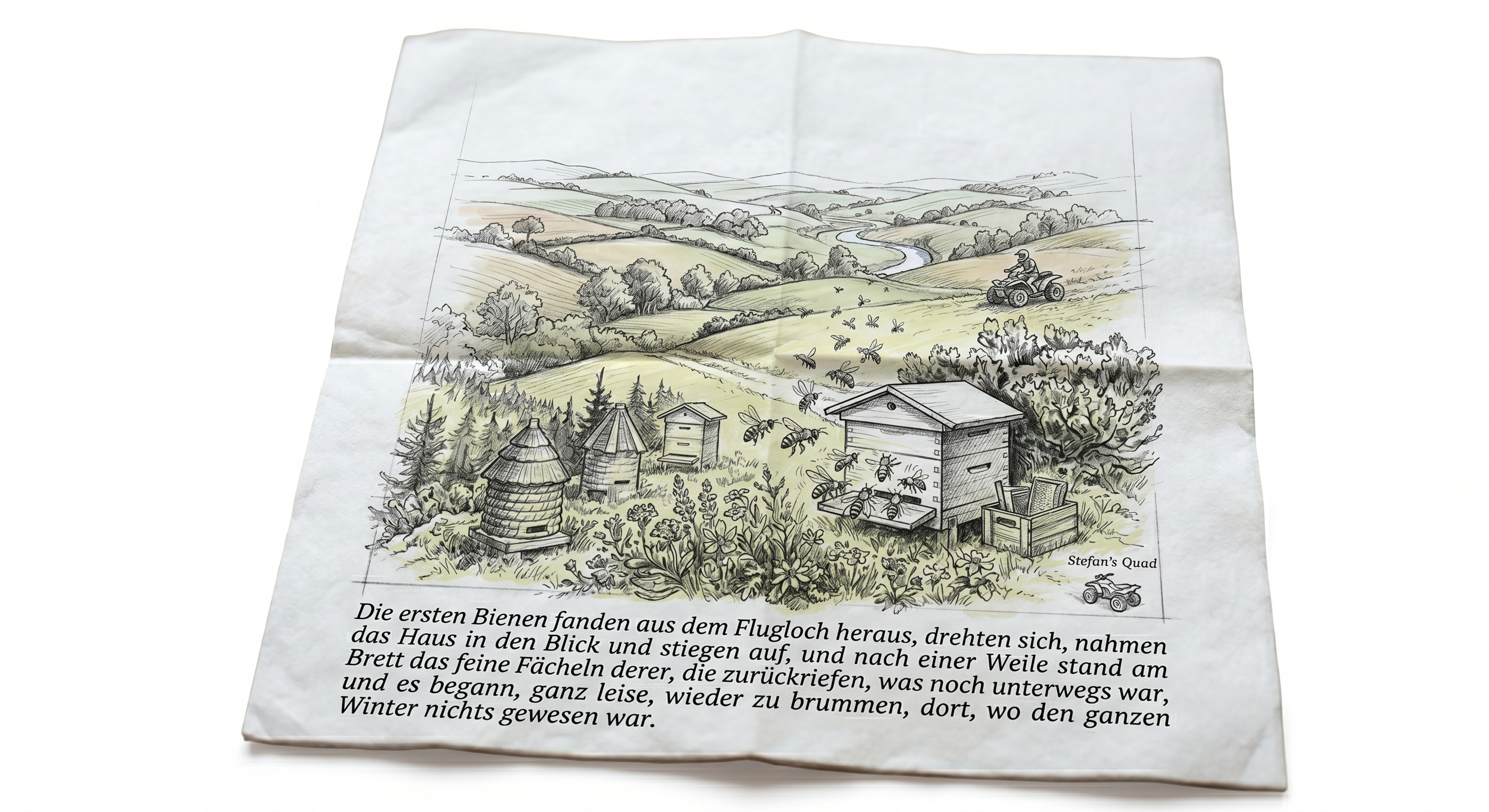 Illustration zu Die Streifen mit Bienenstand, Wiesenlandschaft und ausfliegenden Bienen auf Papier