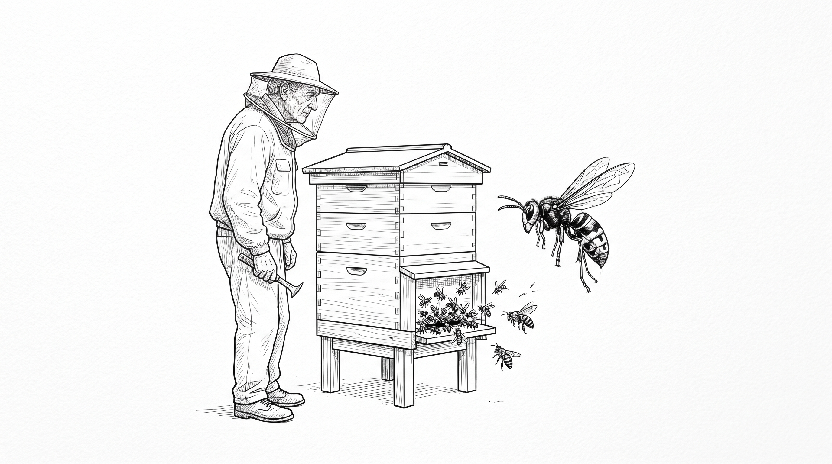 Illustration zu Vor dem Flugloch mit einem Imker, Bienenstöcken und einer Hornisse im Anflug